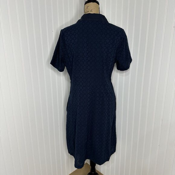 Lands End Eyelet Popover Dress Sz 14 Navy Blue Midi Vacation Career Pockets - Picture 3 of 15